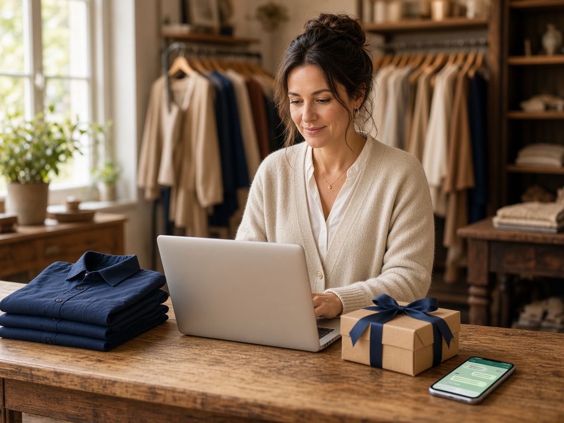 Shop owner checking customer chats at the counter