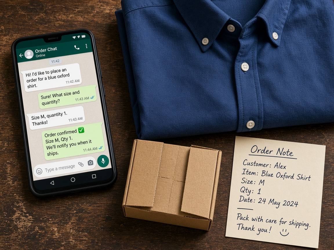 WhatsApp order chat with a shirt ready to ship